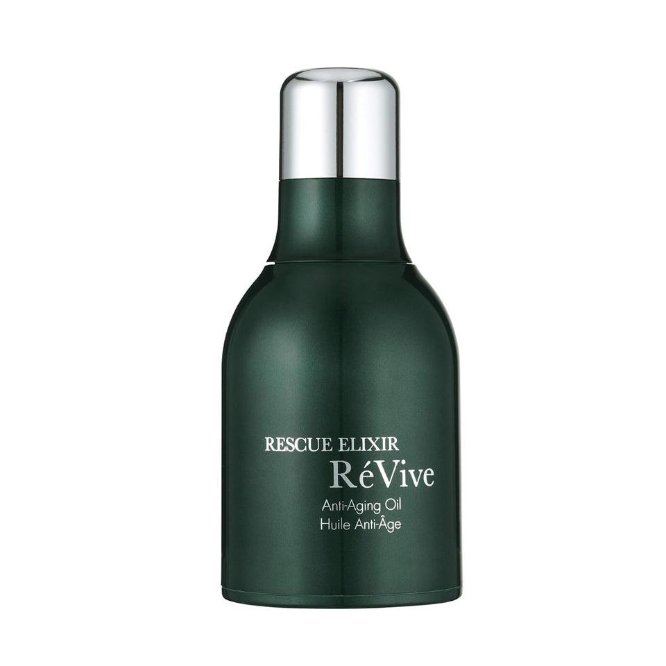 RéVive Rescue Elixir overnight face oil bottle close-up showing rich hydration