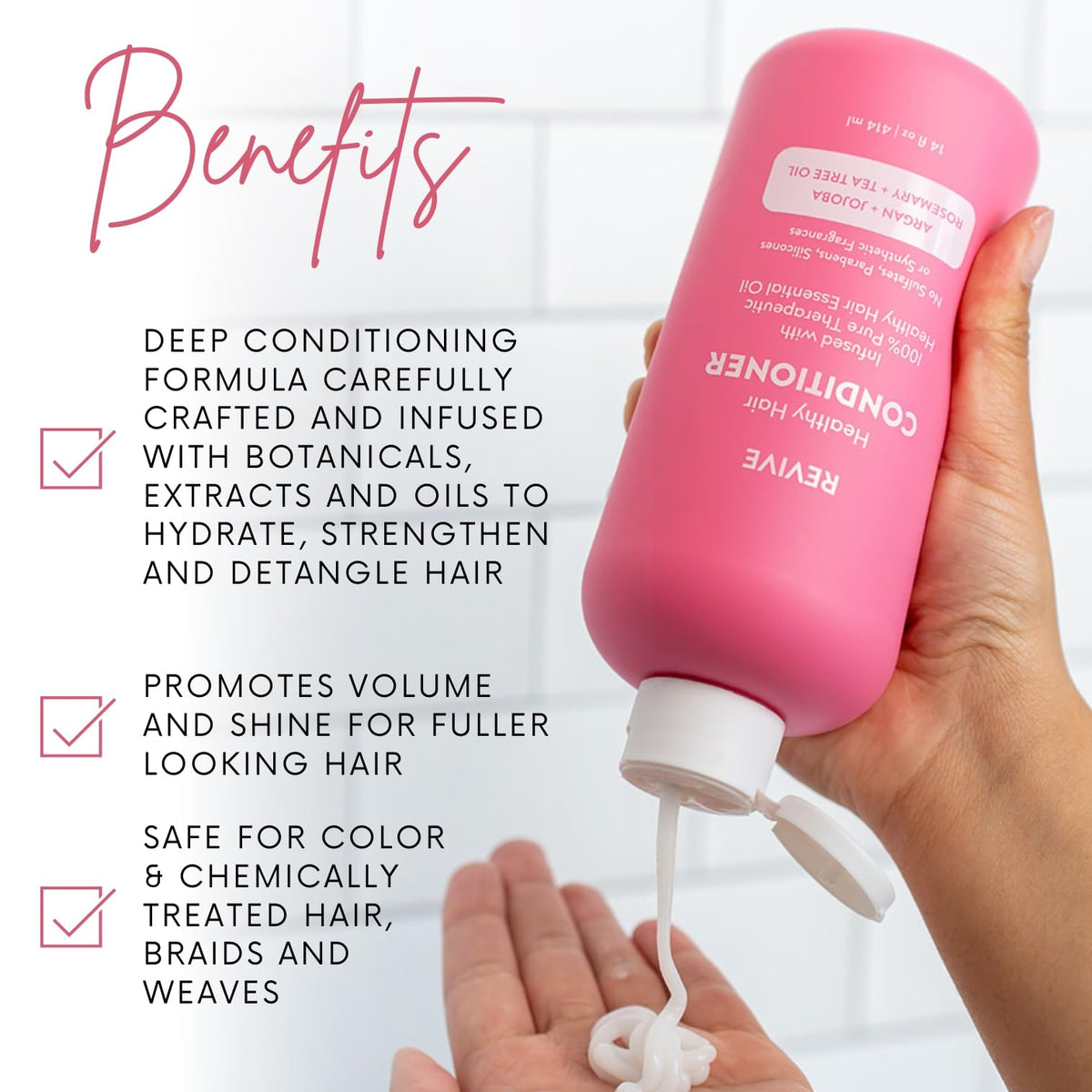 REVIVEEO Healthy Hair Conditioner bottle pump for easy smoothing and detangling.