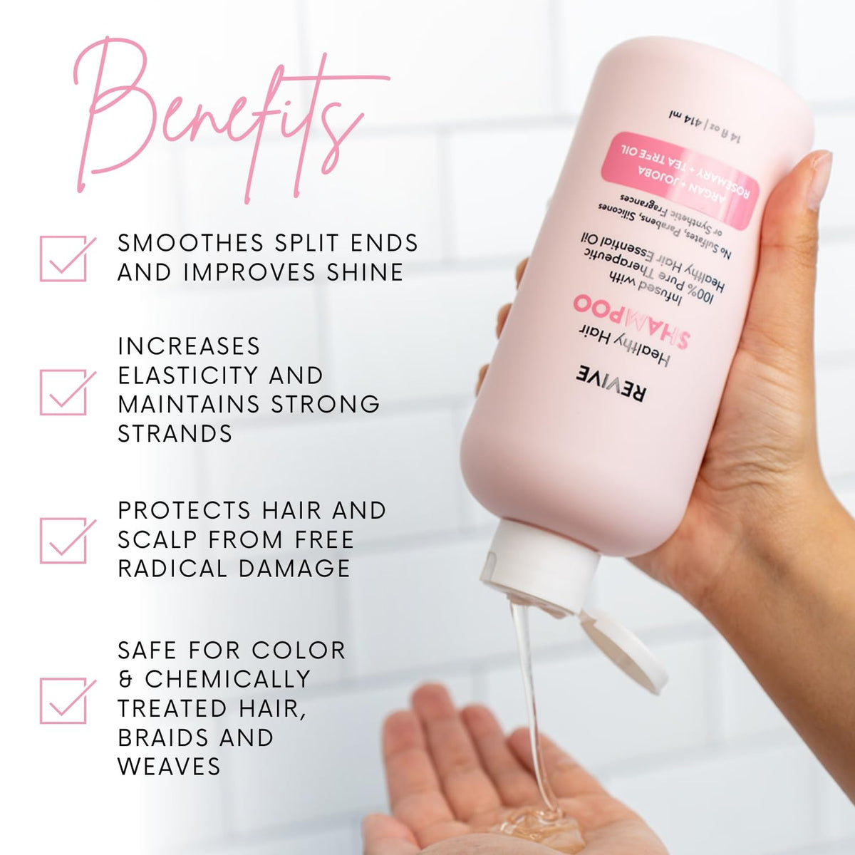 REVIVEEO Healthy Hair Shampoo label close-up highlighting natural ingredients for gentle cleansing.