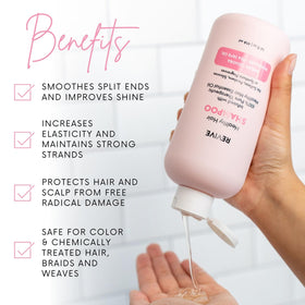 REVIVEEO Healthy Hair Shampoo label close-up highlighting natural ingredients for gentle cleansing.