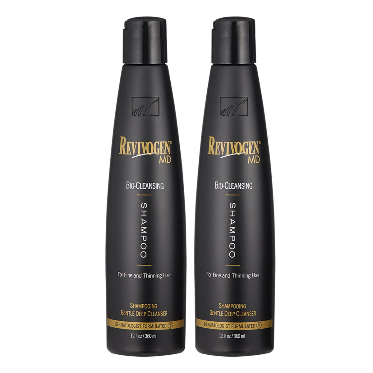 Revivogen MD Bio-Cleansing Shampoo bottle pour for daily cleansing and DHT support.