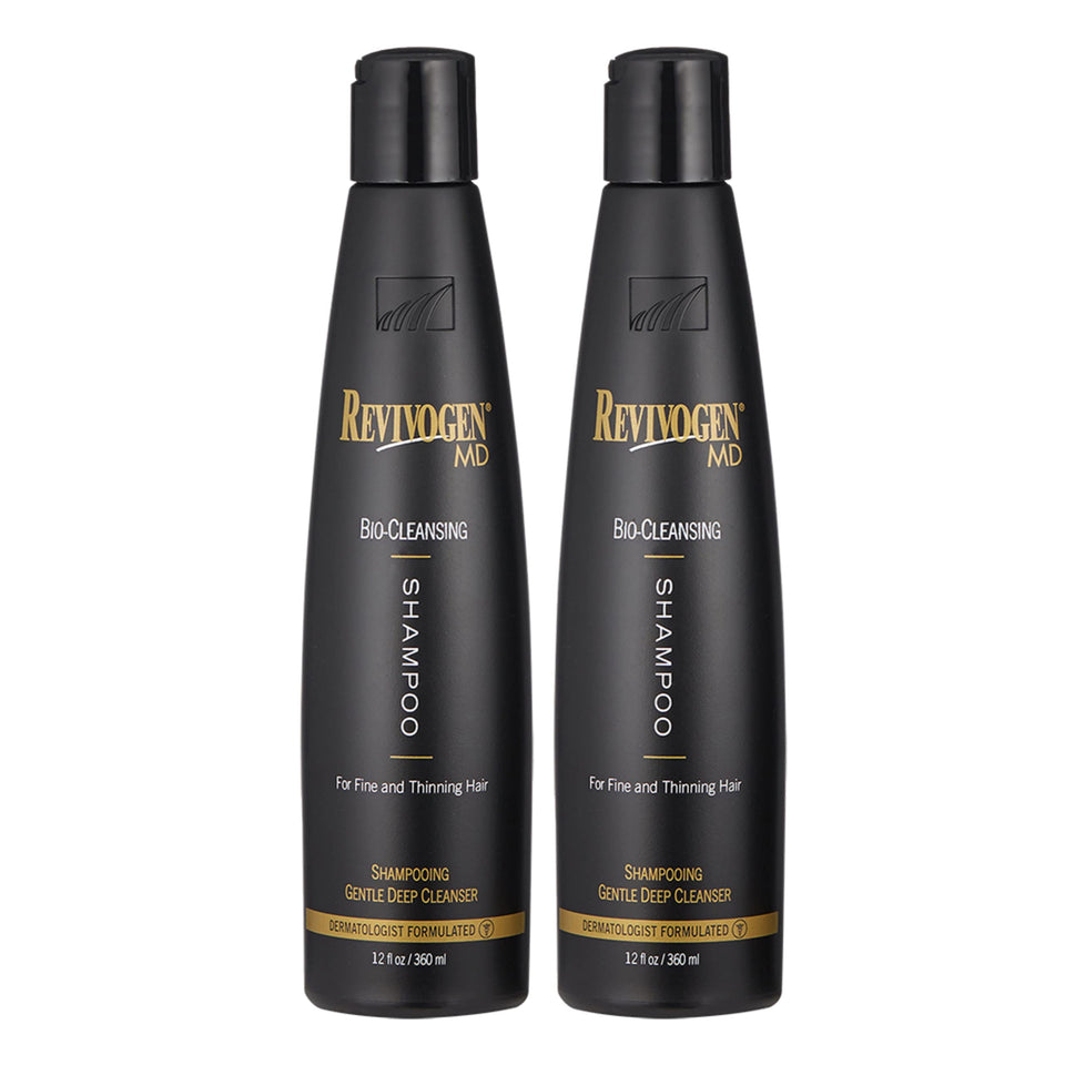 Revivogen MD Bio-Cleansing Shampoo bottle pour for daily cleansing and DHT support.