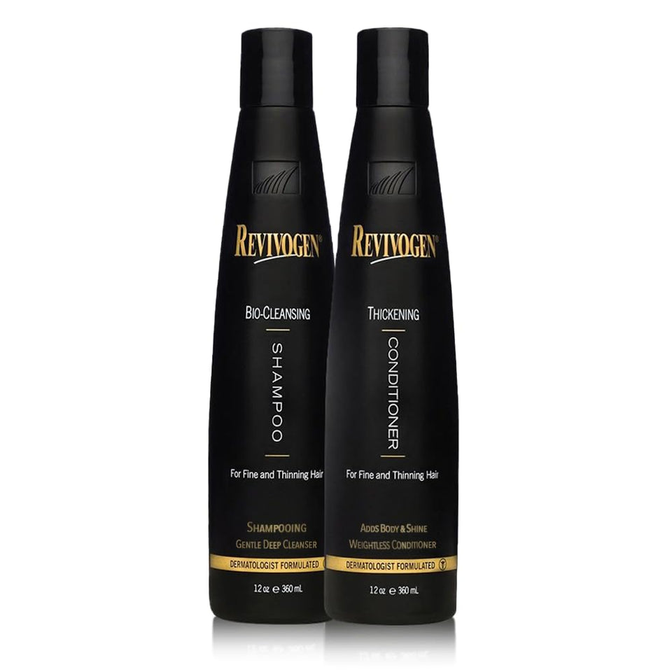Revivogen MD Bio-Cleansing Shampoo bottle pour highlighting scalp care