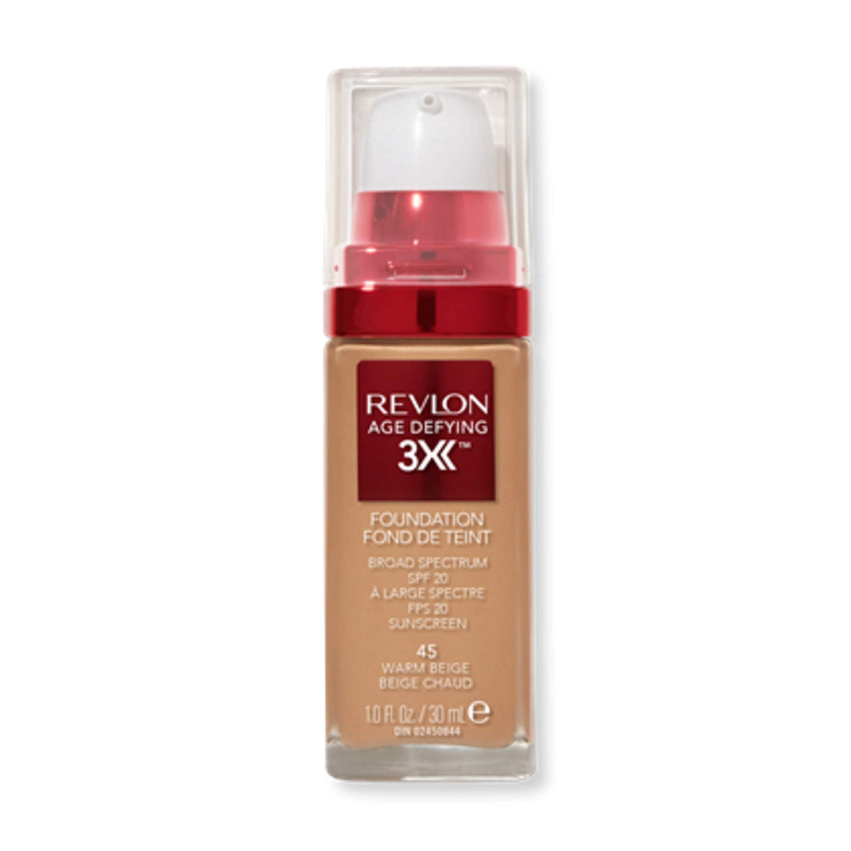 Revlon Age Defying 3X Foundation bottle shows natural finish and SPF 20.