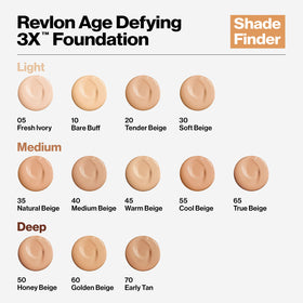 Revlon Age Defying 3X Foundation packaging box highlighting shade range.
