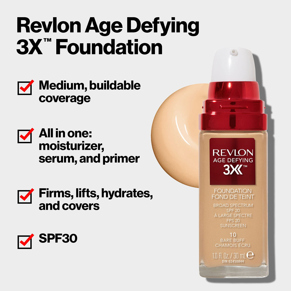 Revlon Age Defying 3X Foundation pump for smooth, buildable coverage.