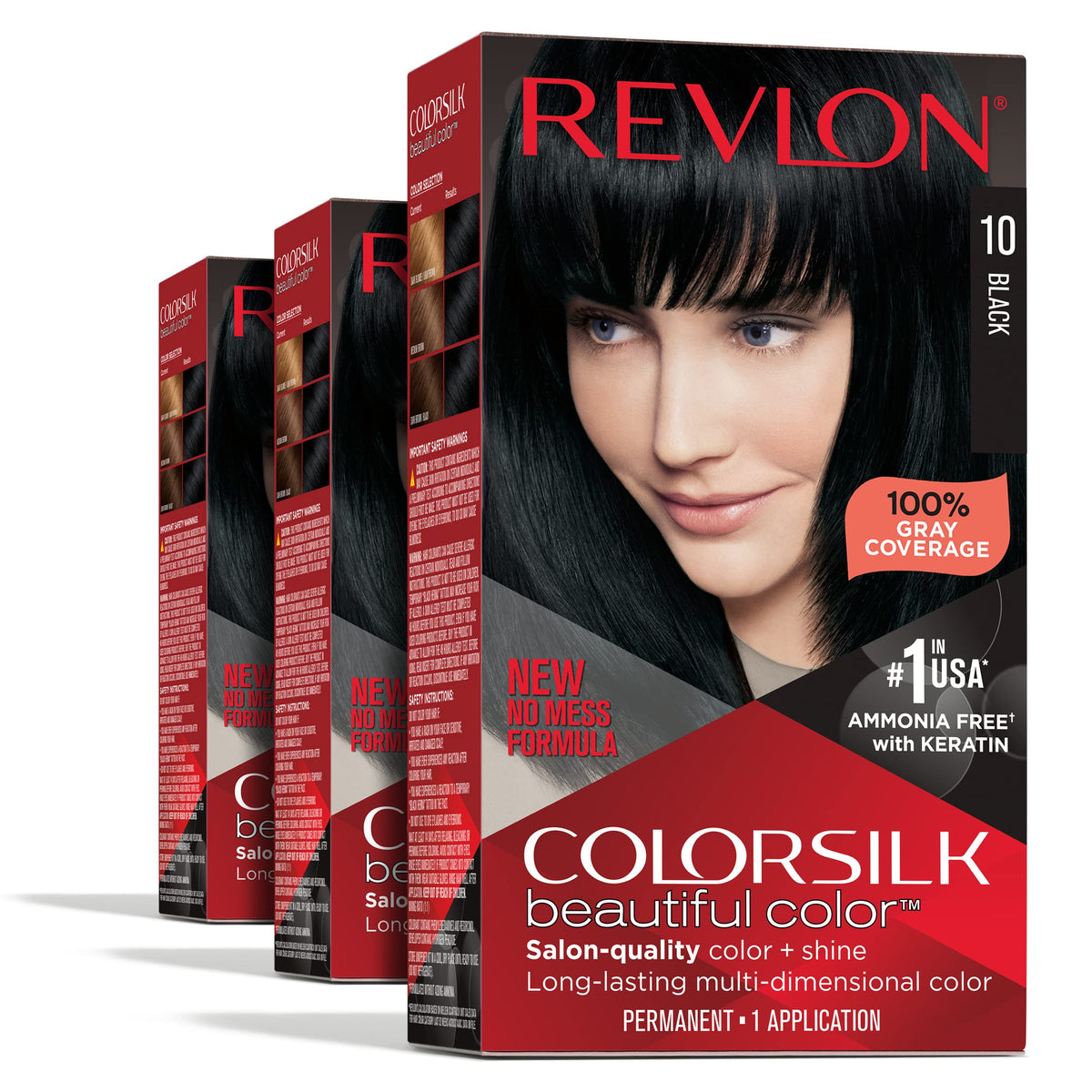 REVLON Colorsilk 10 Black kit front view, three-pack for easy at-home color.