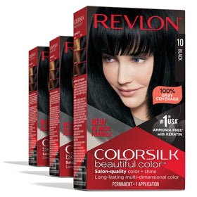 REVLON Colorsilk 10 Black kit front view, three-pack for easy at-home color.
