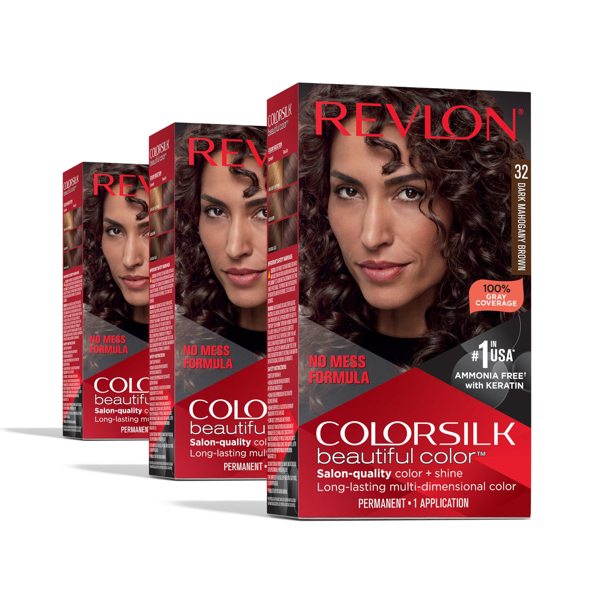 Revlon Colorsilk 32 Dark Mahogany Brown box for at-home color with rich gray coverage
