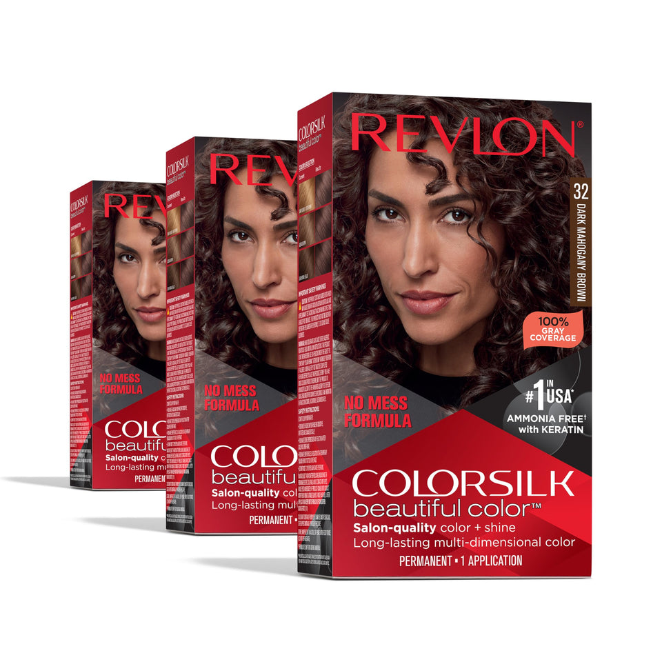 Revlon Colorsilk 32 Dark Mahogany Brown box for at-home color with rich gray coverage