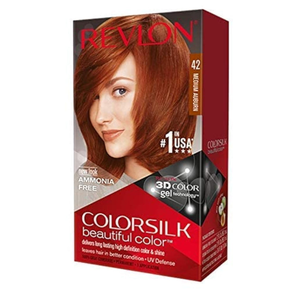 Revlon ColorSilk 42 Medium Auburn box shown for at-home hair color.
