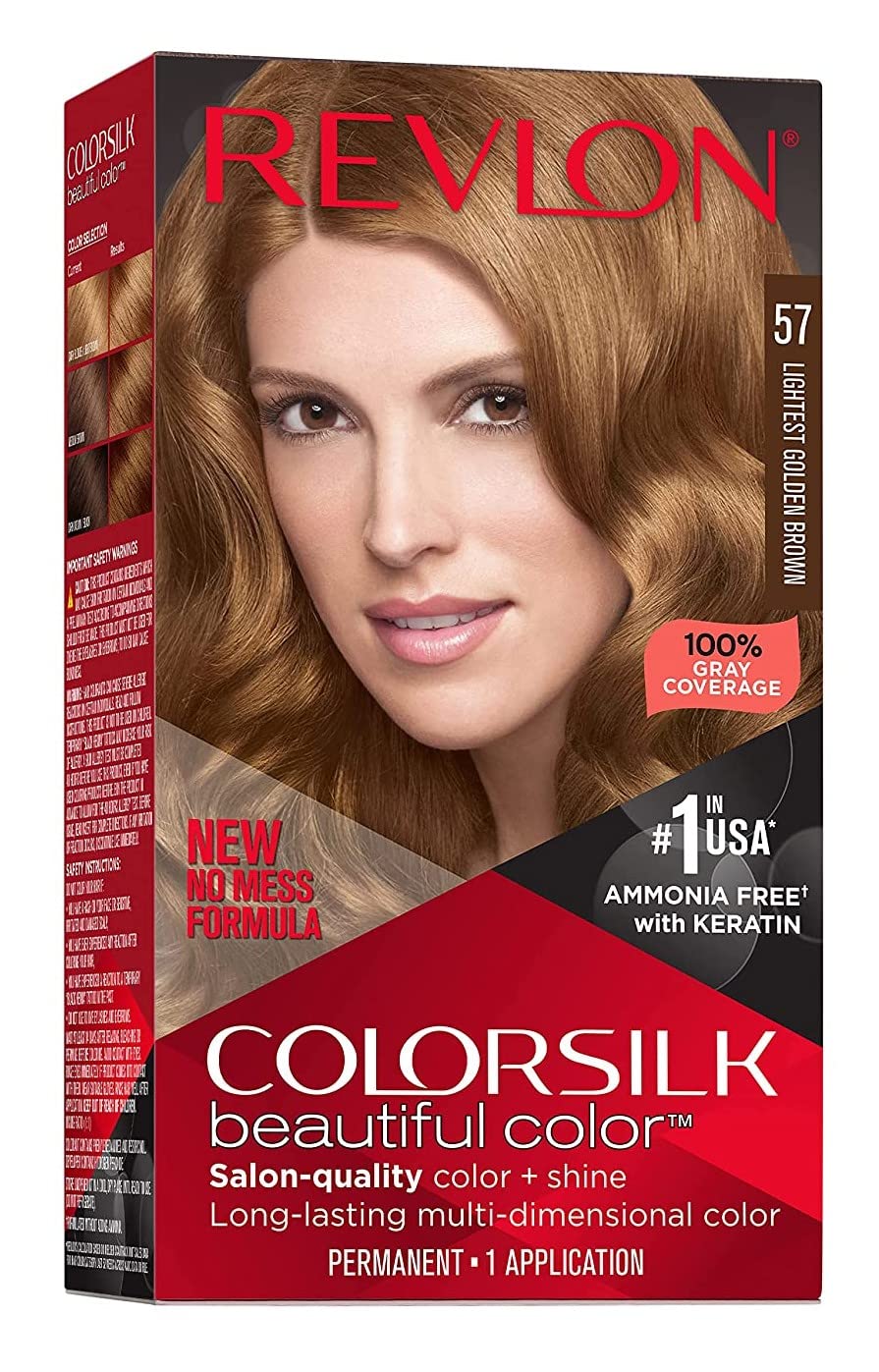 Revlon ColorSilk 57 Lightest Golden Brown box for at-home color and gray coverage.