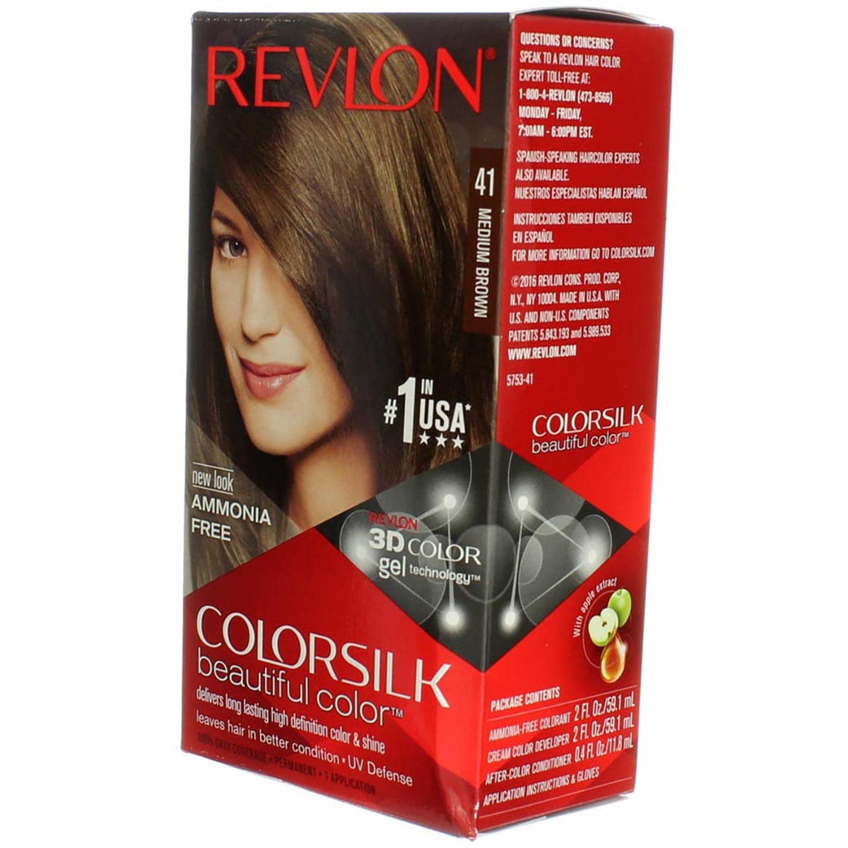 Revlon ColorSilk ammonia-free label on packaging highlighting keratin-added formula.