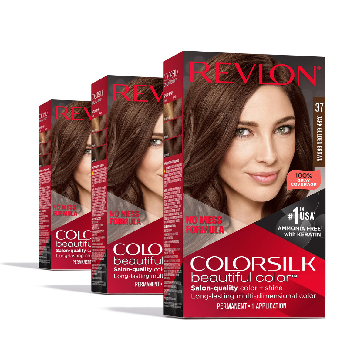 Revlon Colorsilk Beautiful Color 37 Dark Golden Brown box for at-home gray coverage and shine