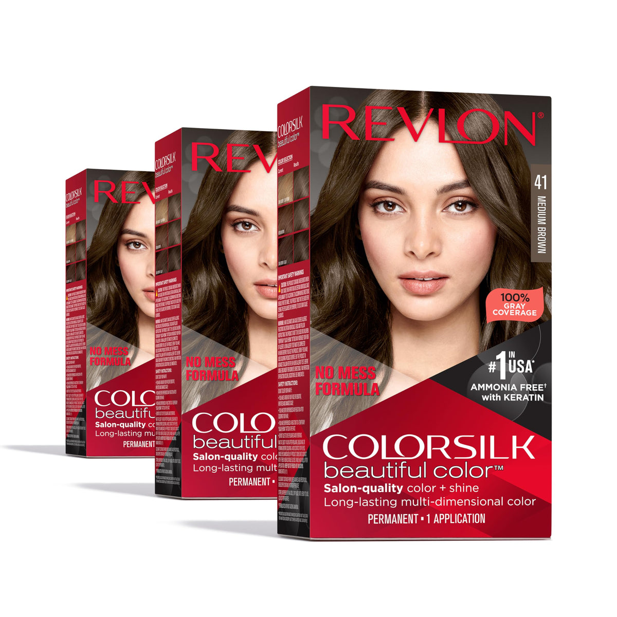 REVLON Colorsilk 41 Medium Brown box showing gray coverage and shine