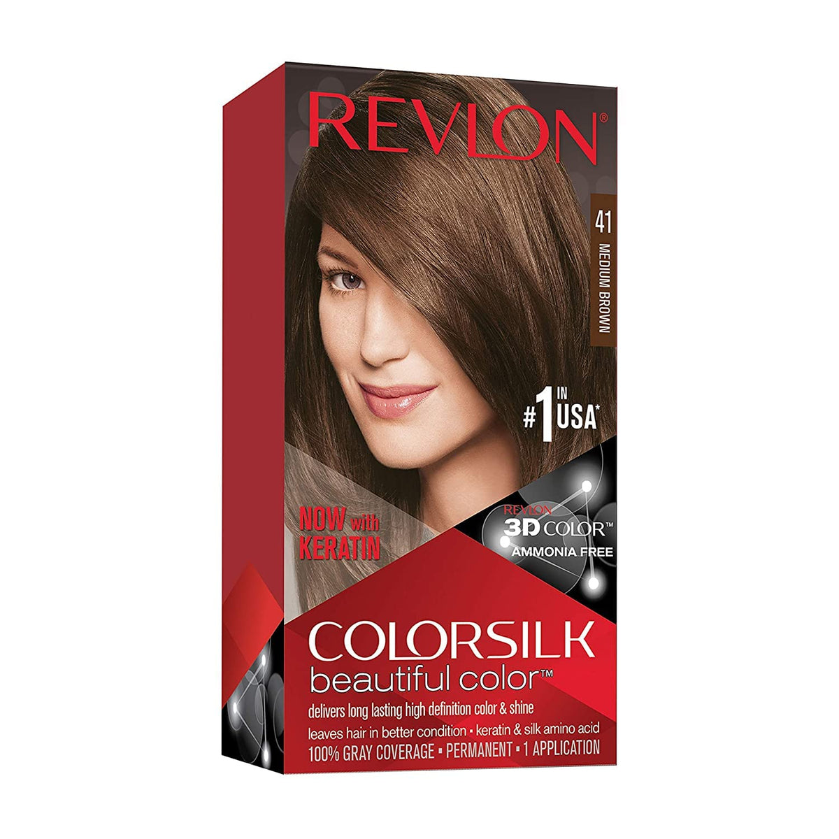 Revlon ColorSilk Beautiful Color 41 Medium Brown packaging for easy at-home use.