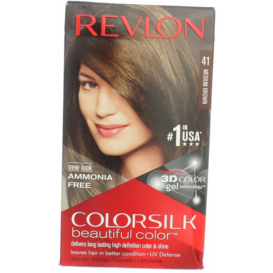 Revlon ColorSilk Beautiful Color 41 Medium Brown box and tube for at-home color with lasting shine.