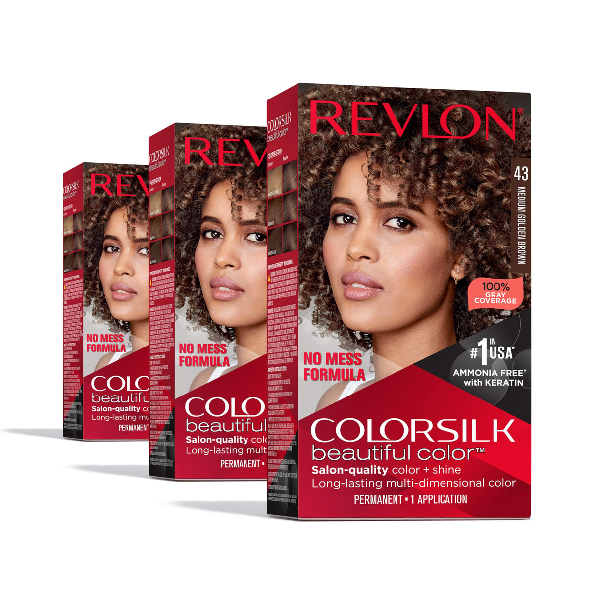 Revlon Colorsilk Beautiful Color 43 Medium Golden Brown box for at-home color with rich shine.