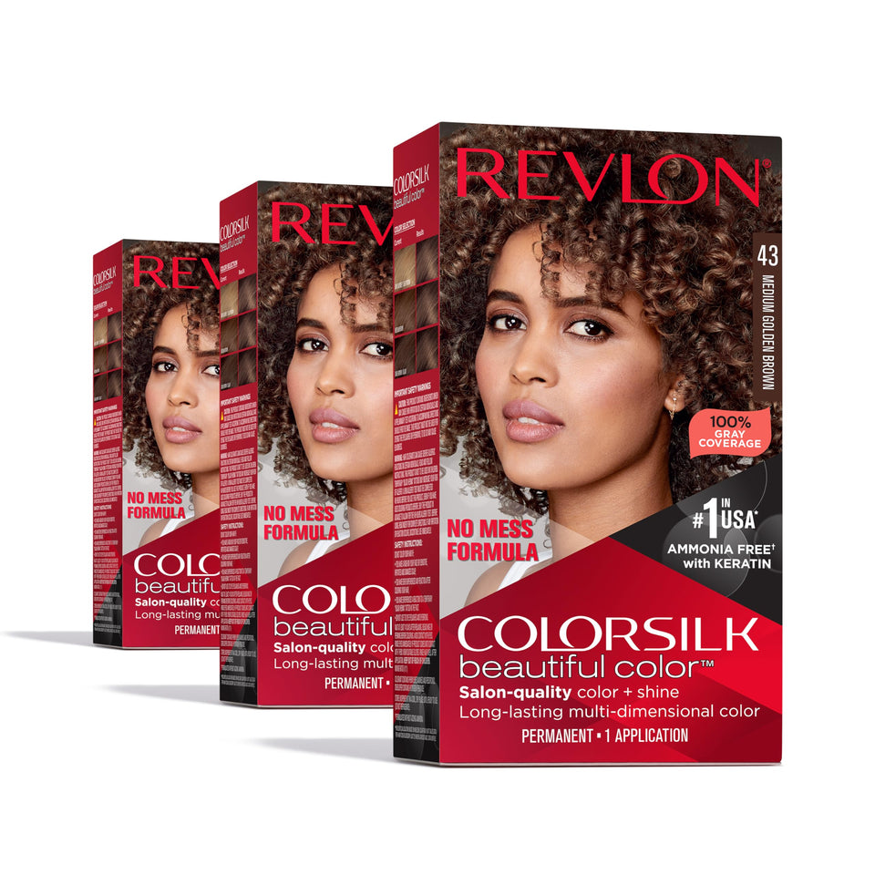 Revlon Colorsilk Beautiful Color 43 Medium Golden Brown box for at-home color with rich shine.