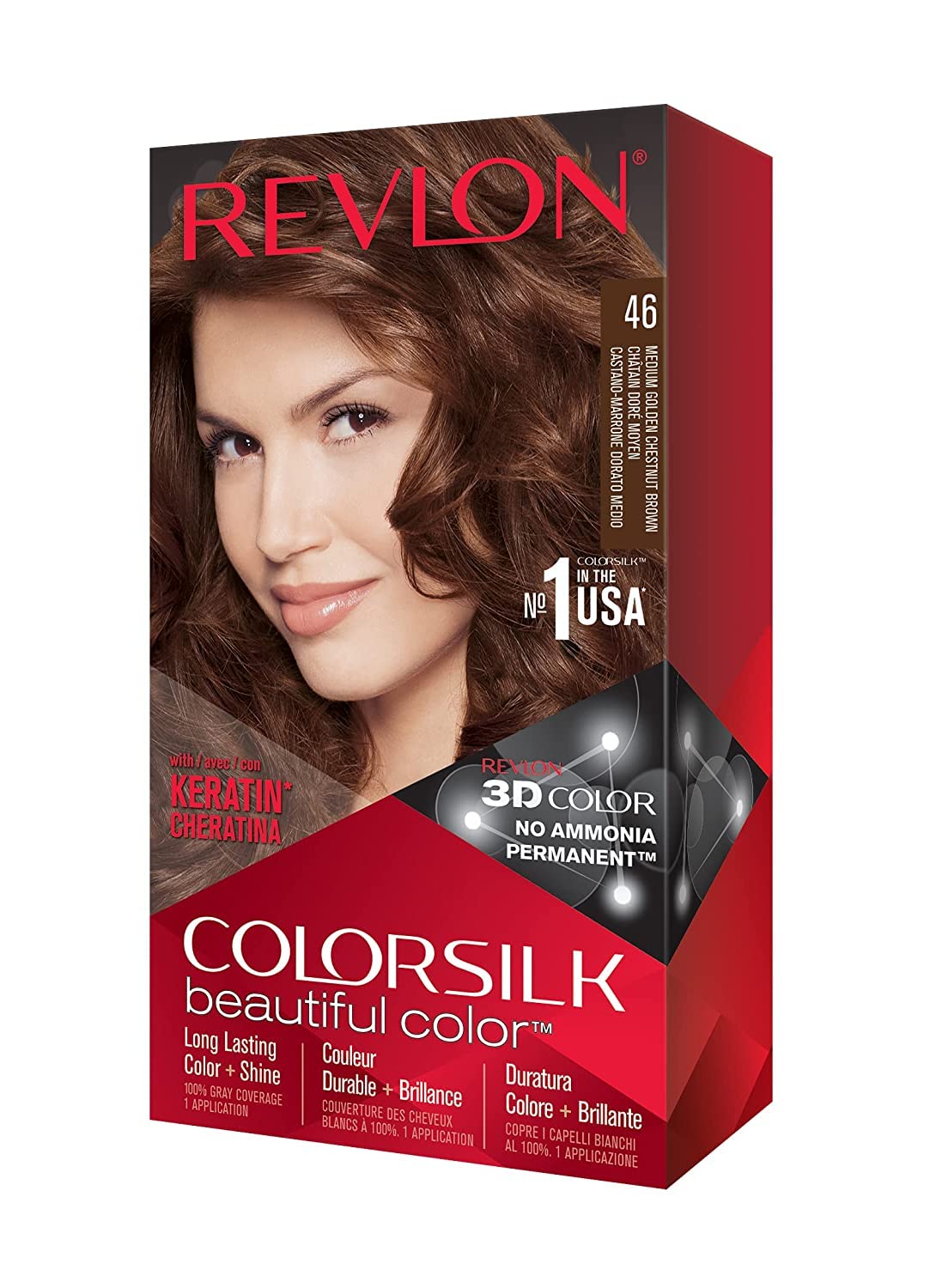 Revlon Colorsilk box with color kit for easy at-home application.