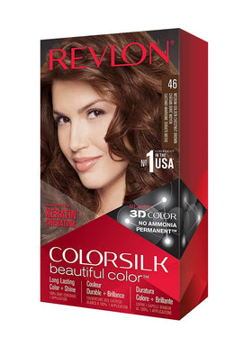 Revlon Colorsilk box with color kit for easy at-home application.