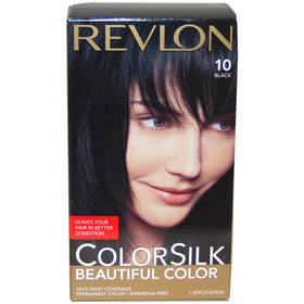 REVLON Colorsilk Black box showing ammonia-free formula for 100% gray coverage