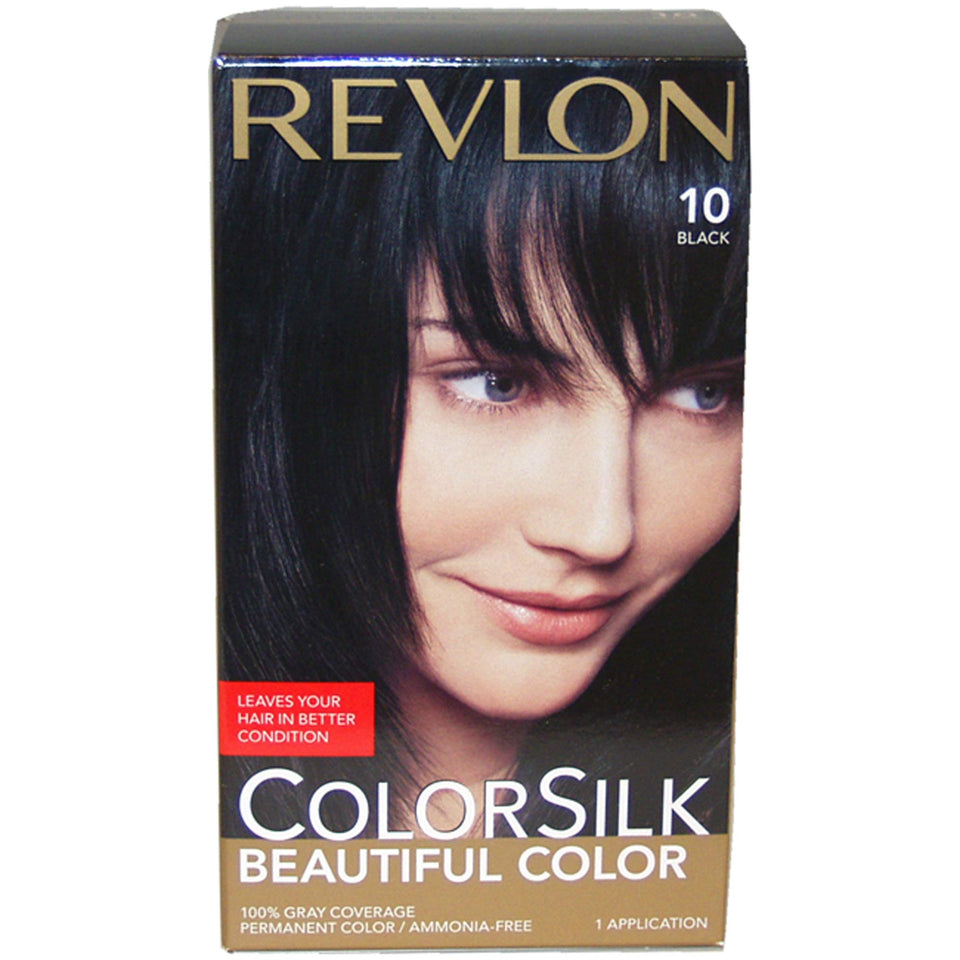 REVLON Colorsilk Black box showing ammonia-free formula for 100% gray coverage