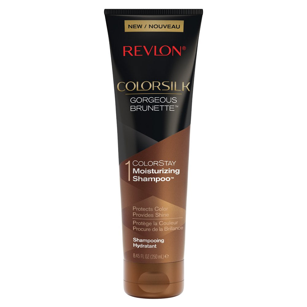 REVLON Colorsilk Care Shampoo Brown bottle pour promotes color protection and shine.