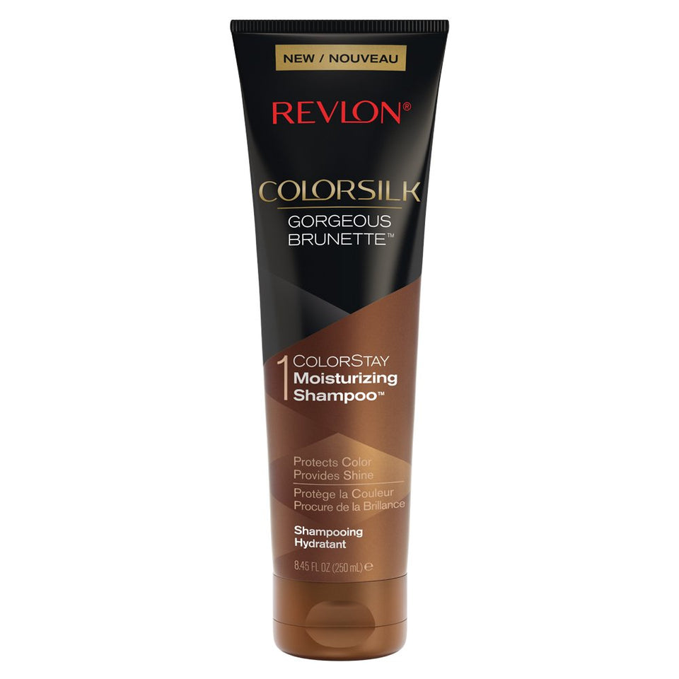 REVLON Colorsilk Care Shampoo Brown bottle pour promotes color protection and shine.