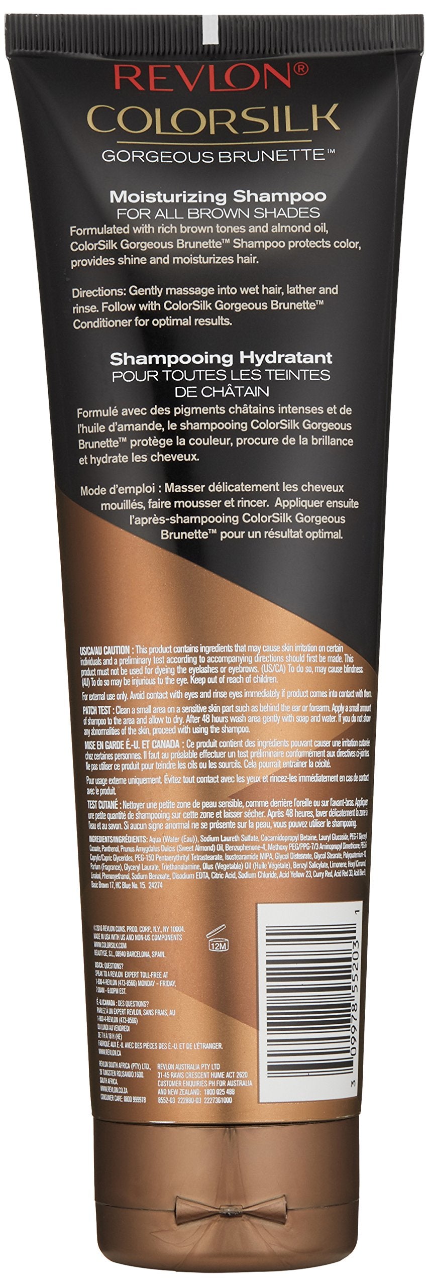 REVLON Colorsilk Care Shampoo Brown label detail showcases brunette color preservation.