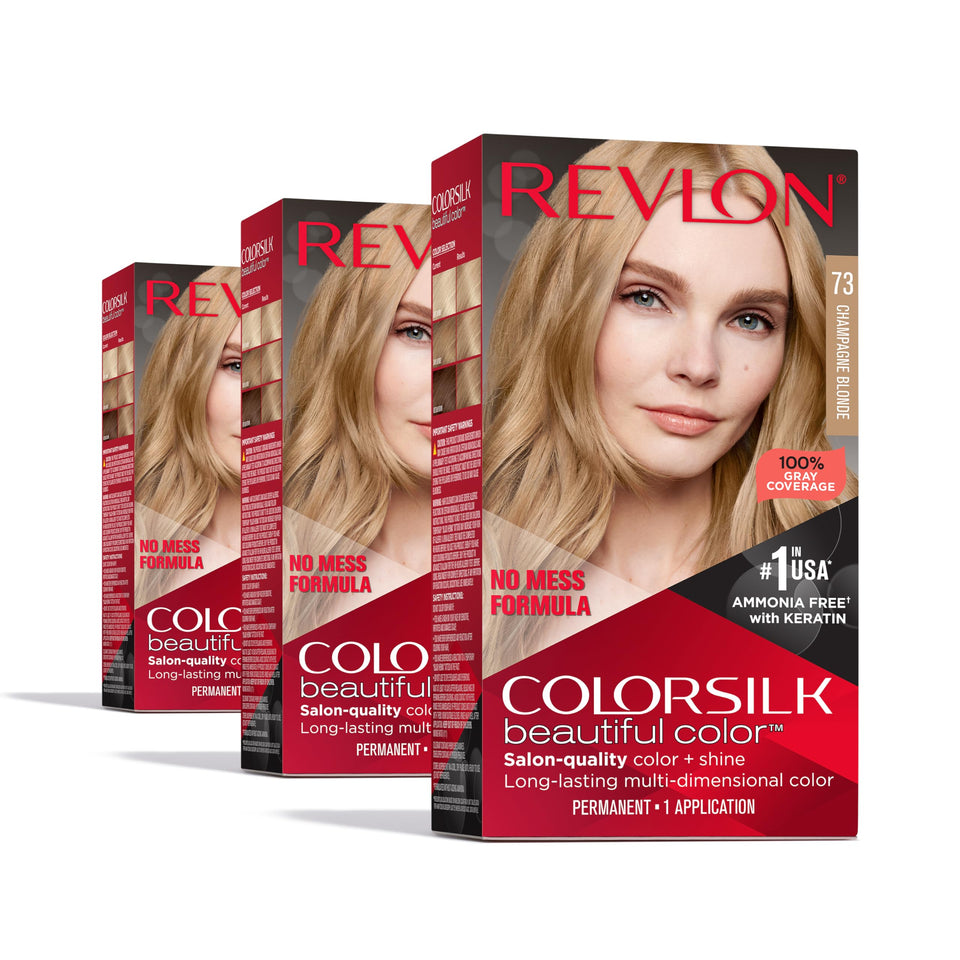 Revlon ColorSilk Champagne Blonde 3-pack box front showing at-home color option