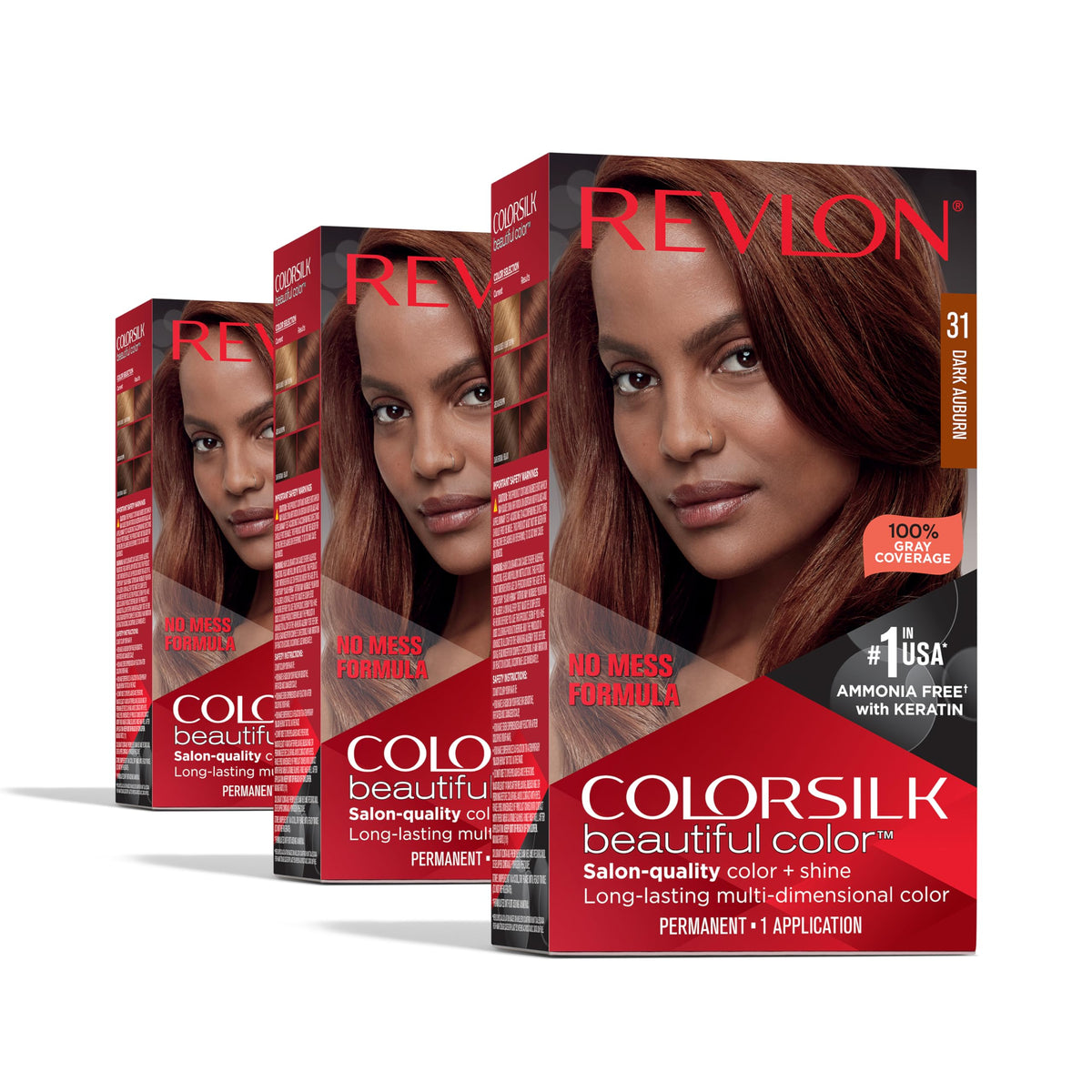 Revlon Colorsilk 31 Dark Auburn pack of 3 delivers rich, natural shade with lasting shine