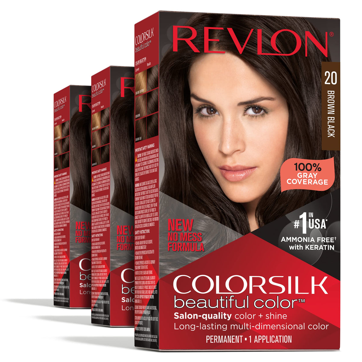 REVLON Colorsilk permanent color box front for at-home gray coverage.