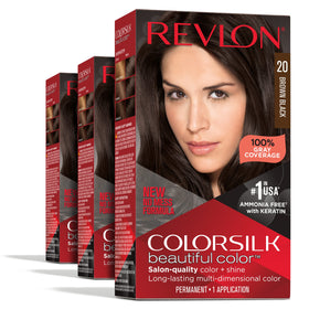 REVLON Colorsilk permanent color box front for at-home gray coverage.