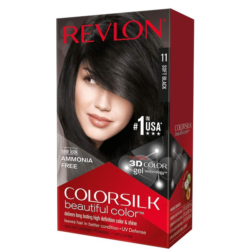 Revlon ColorSilk Soft Black shade 11 bottle for natural, multi-tonal color with UV protection