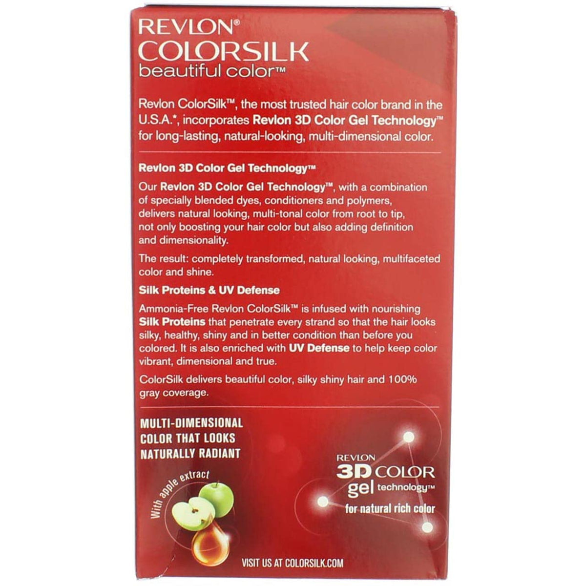 Revlon ColorSilk UV defense shield close-up illustrating gloss retention and shade stability.