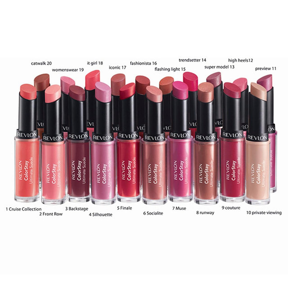Packaging display of REVLON ColorStay Ultimate Suede Ingenue 002 lipstick on shelf