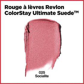 Revlon Socialite shade swatch displaying vibrant pigment and velvety finish.