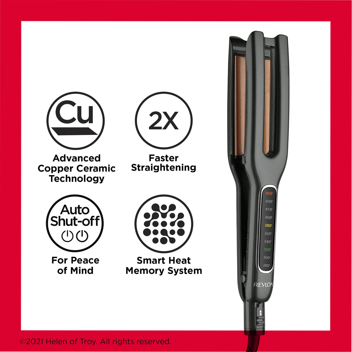 Revlon Double Straight auto-off and locking plate offer safety and worry-free use.