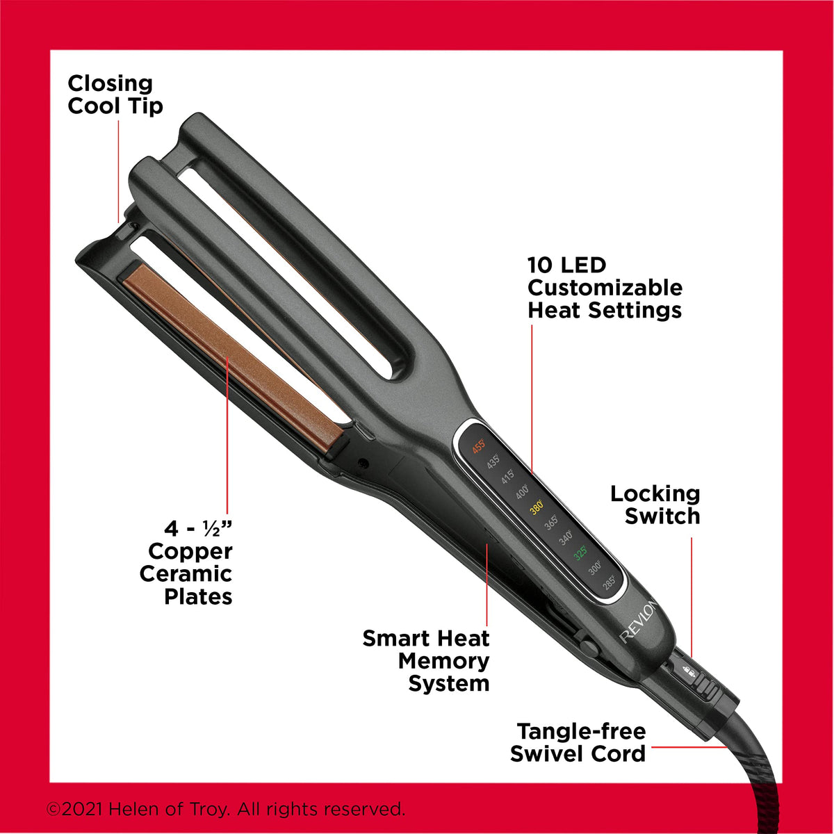 Revlon Double Straight cool-tip adds precise control during styling.