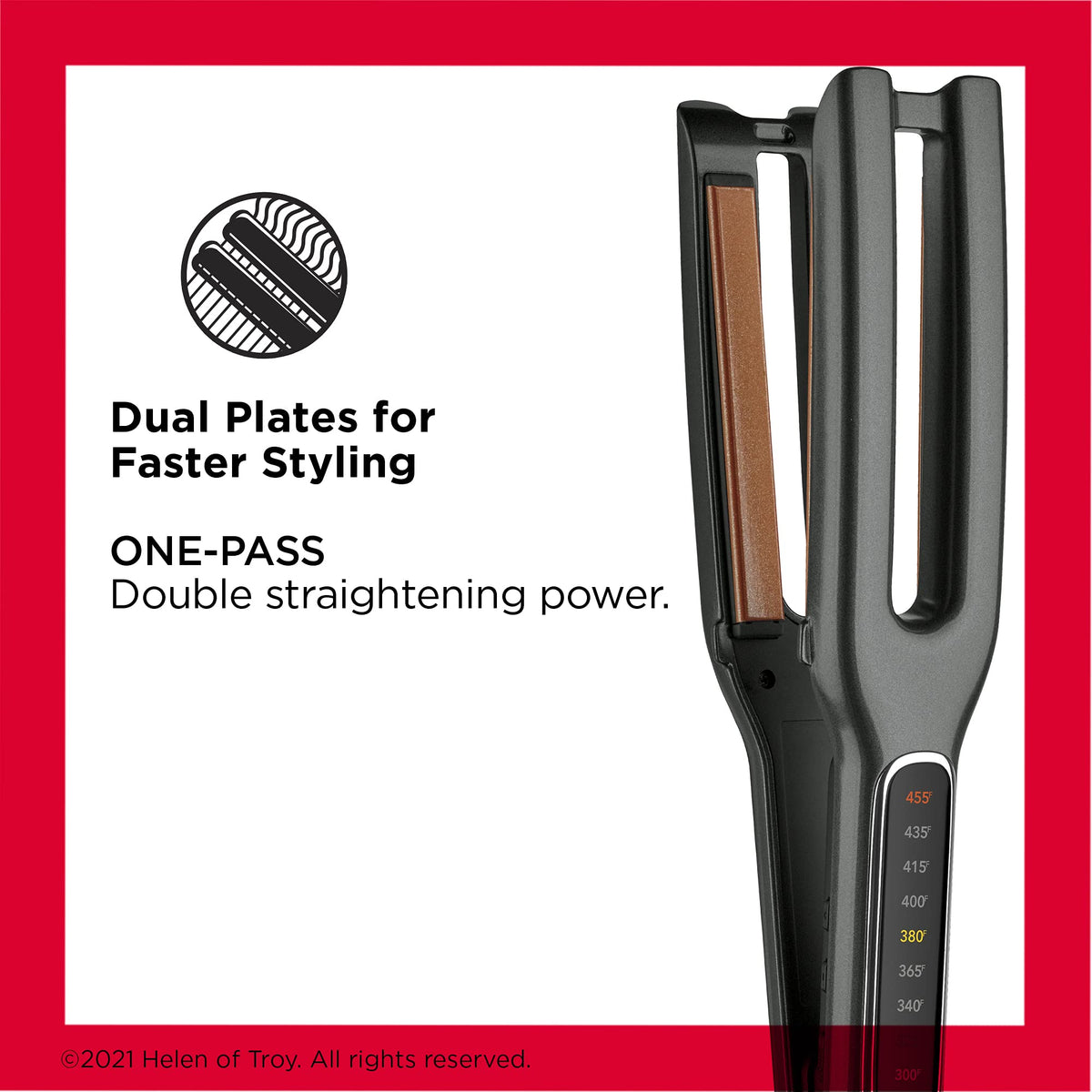 Revlon Double Straight heat display shows adjustable temperature for versatile styling.