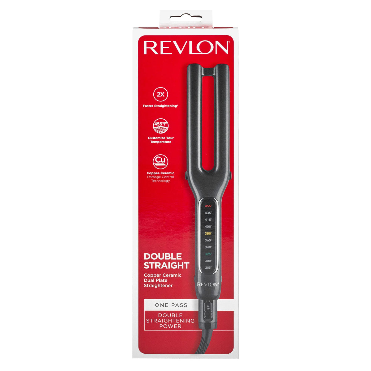 Revlon Double Straight travel-ready design with universal voltage for on-the-go styling.