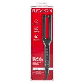 Revlon Double Straight travel-ready design with universal voltage for on-the-go styling.