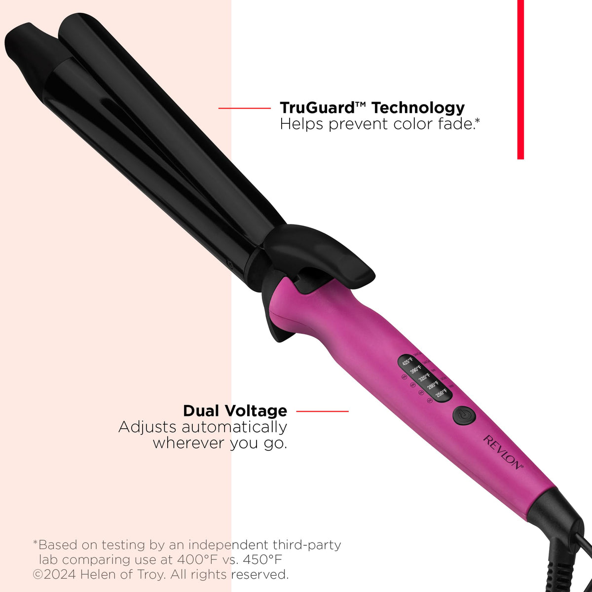 REVLON Easy Heat ceramic tourmaline barrel delivers even heat and shine.