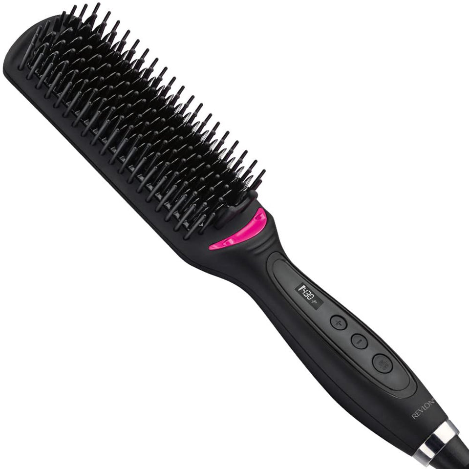 Revlon hair straightening brush showing ceramic-coated surface for smooth glide and root-to-tip contact