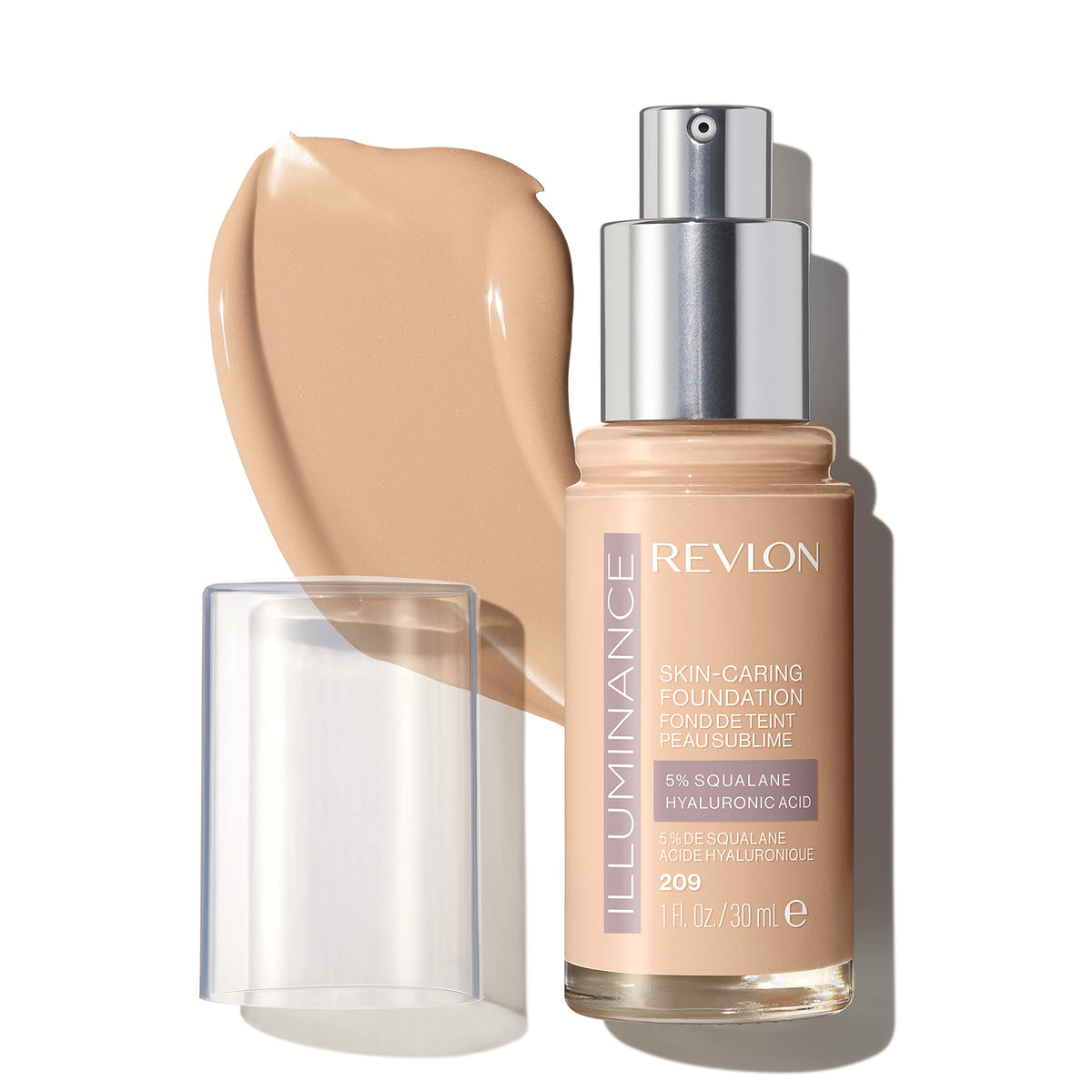 REVLON Illuminance foundation bottle close-up highlighting hydrating formula for radiant skin.