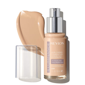 REVLON Illuminance foundation bottle close-up highlighting hydrating formula for radiant skin.