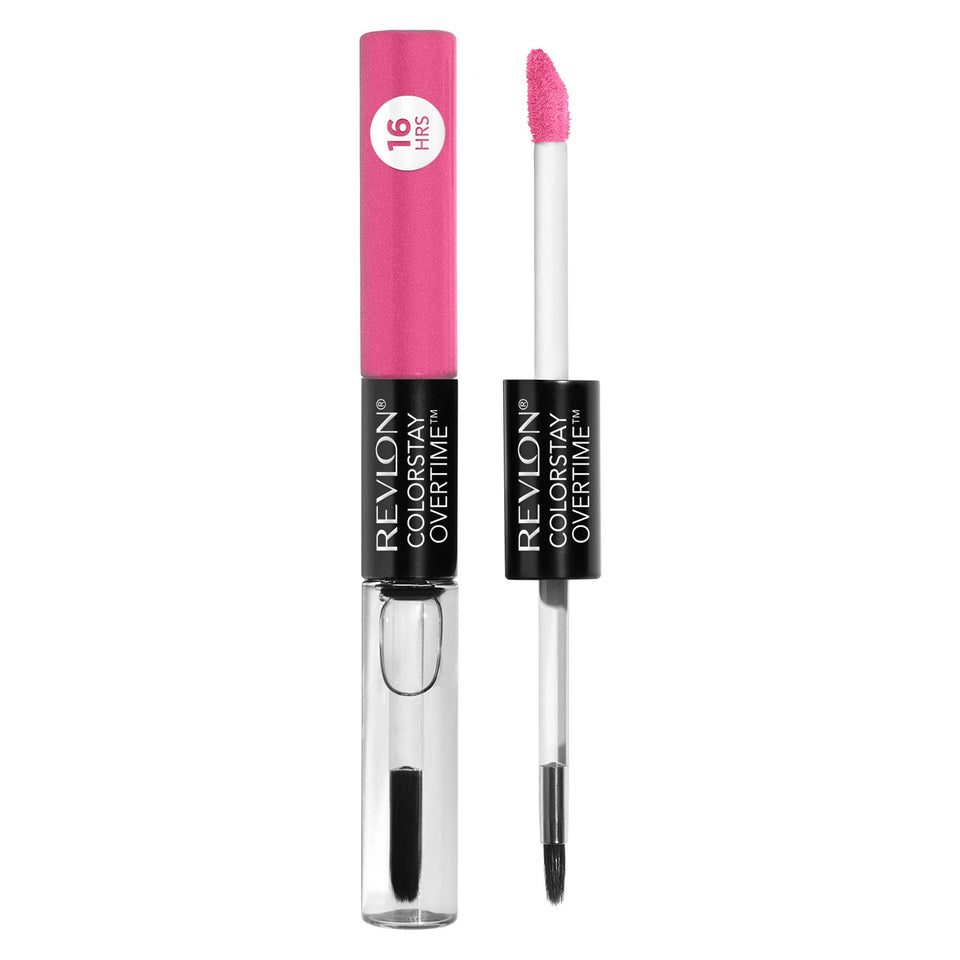 REVLON ColorStay Overtime Lipcolor pink-490 liquid lipstick with clear gloss application.
