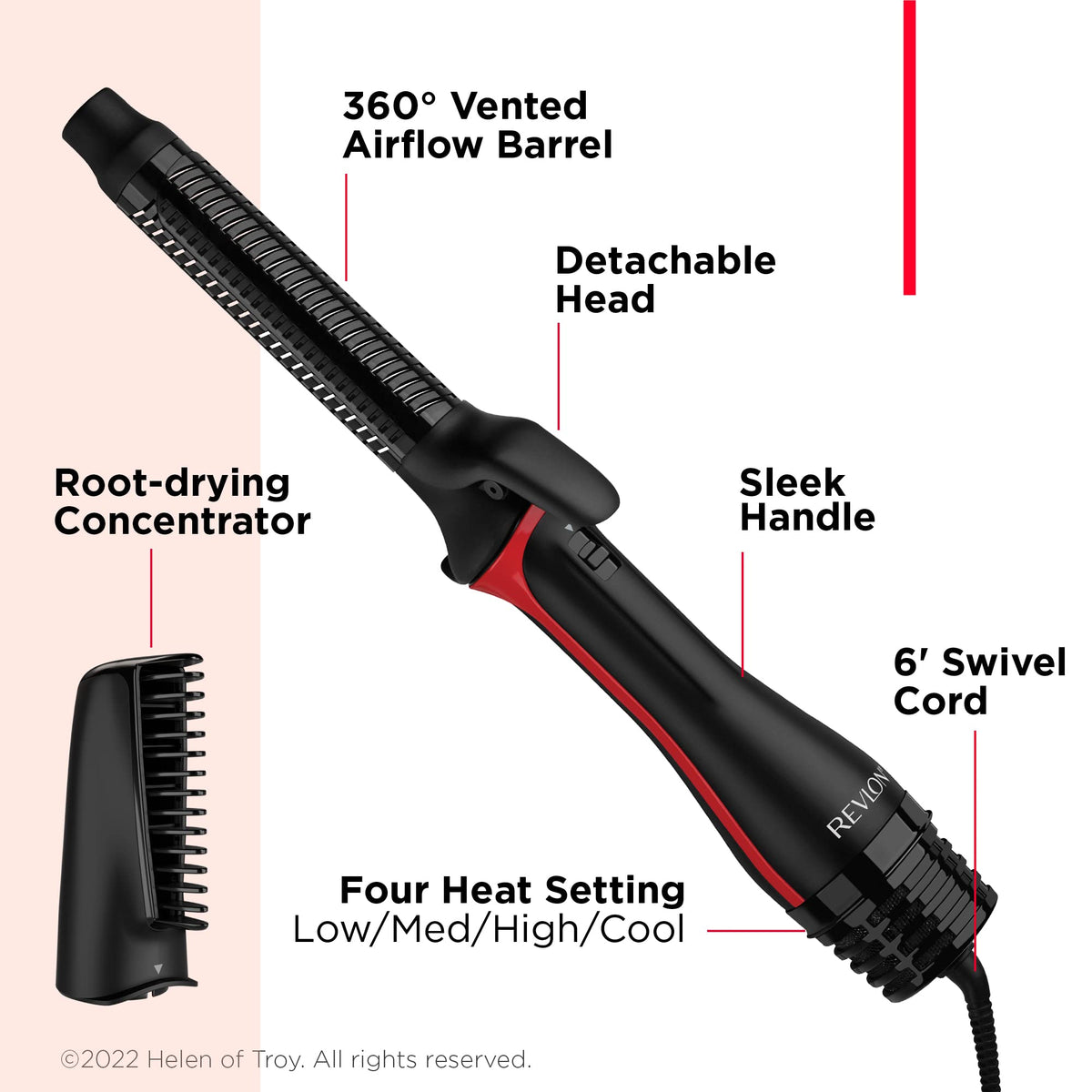 REVLON One-Step Blowout Styler detachable barrel simplifies travel storage.