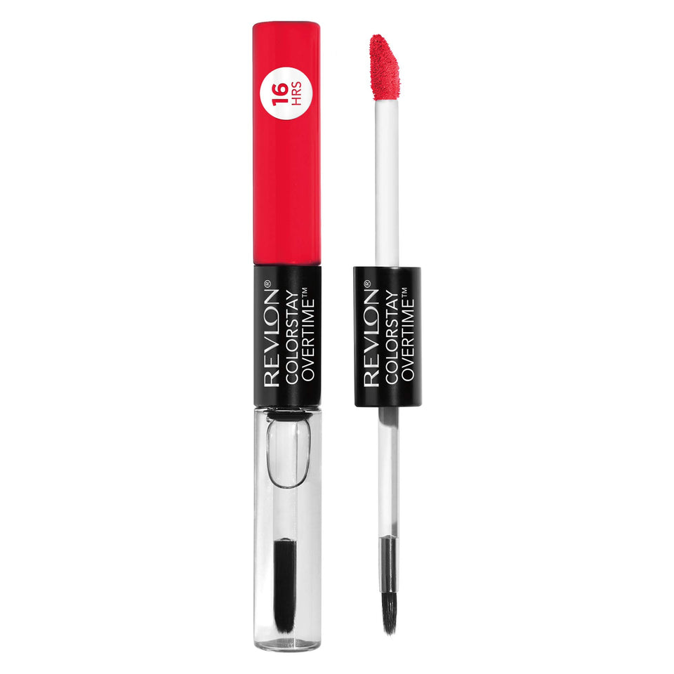 Revlon Overtime Lipcolor dual-ended lipstick being applied for full-coverage color.
